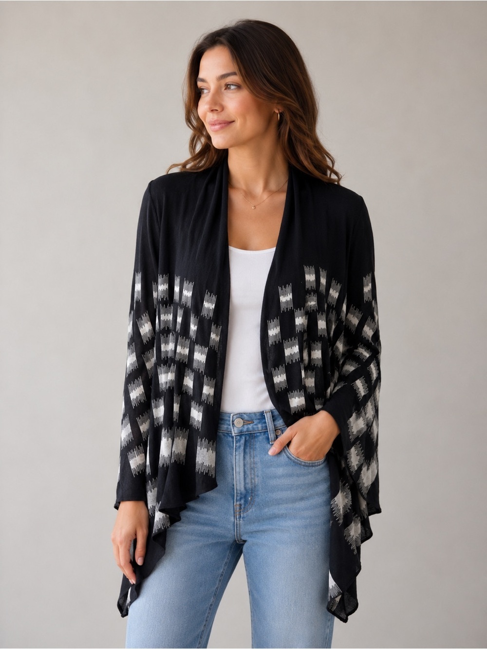 BCBGMaxAzria Black and Ivory Open-Front Patterned Cardigan size small